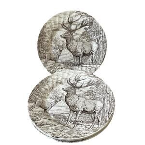 Queen's by Churchill Brown Thanksgiving Deer Buck 10” Dinner Plates Set of 4 NEW